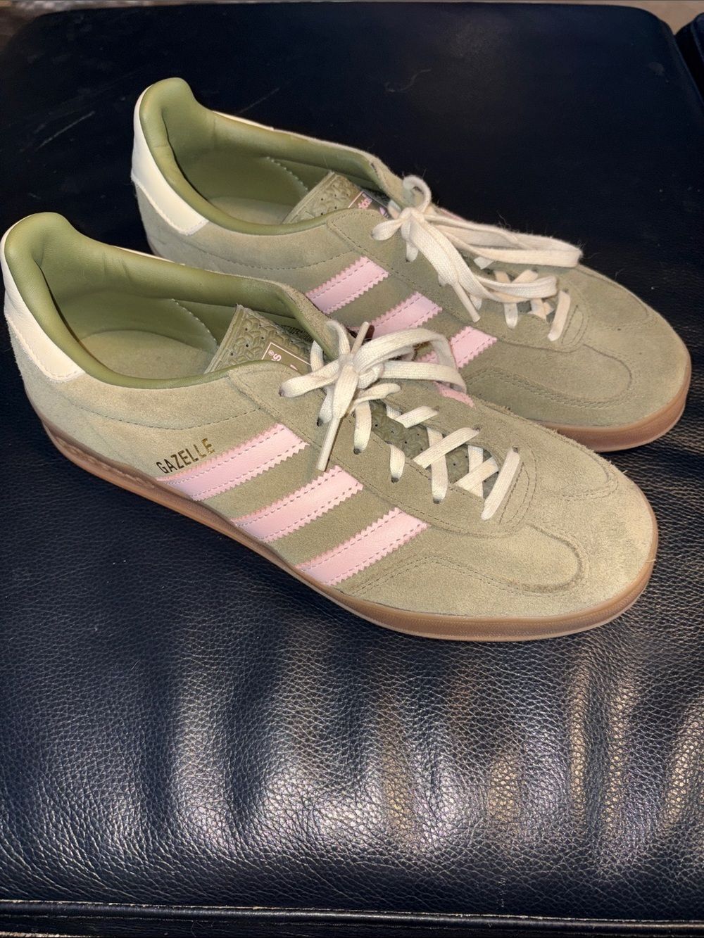 Adidas Women’s Gazelle Indoor Olive/Pink/Cream White Gum Sole Suede Sneakers